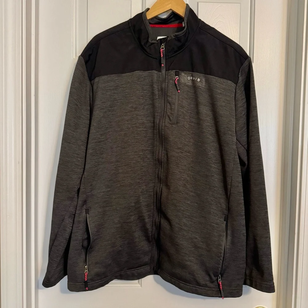 Orvis Softshell Jacket Men's XXL Full Zip‎ Polyester Shell Fleece Lining Gry/Bk